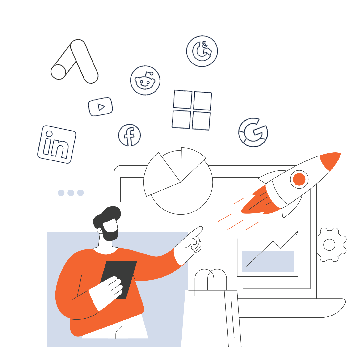 Confident paid media consultant reviewing campaign performance for a growing business, with logos of Google, Facebook, LinkedIn, and Microsoft representing multichannel advertising success.